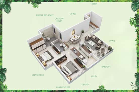 2BHK Isometric View and Floor Plan